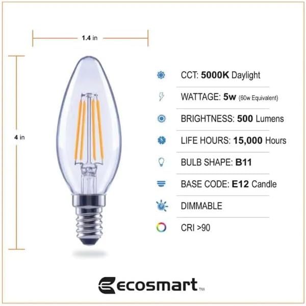 EcoSmart Bombilla LED de estilo vintage B11 regulable Energy Star de 60 W, equivalente a 60 W, luz diurna (paquete de 3)