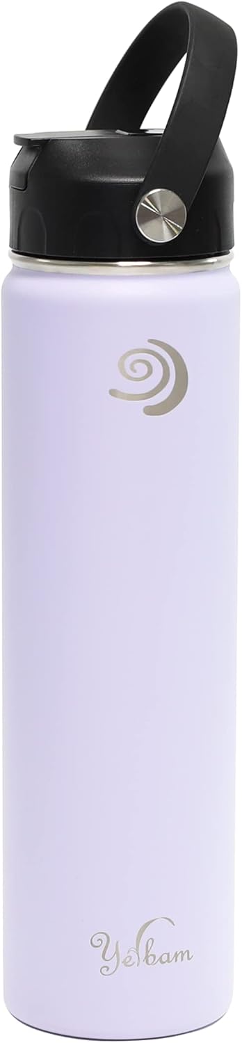 Botella de agua aislada de acero inoxidable de 24 onzas, tapa de pico abierta de un solo toque y tapa de popote cubierta, correa de paracaídas de
