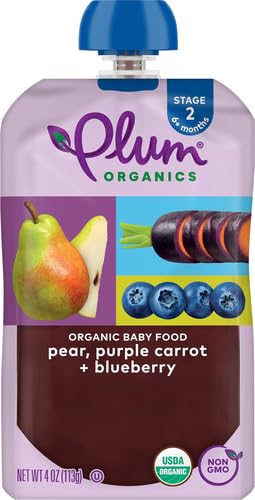 Plum Organics Alimento orgánico para bebés etapa 2 – pera, zanahoria morada y arándanos – Bolsa de 4 onzas – Bolsa orgánica de alimentos para bebés