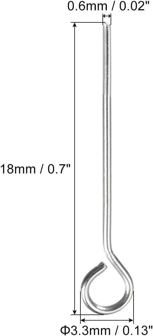 PATIKIL 500 alfileres de ojo de acero inoxidable de 0.709 in para hacer joyas, collares, pulseras, aretes, calibre 22, plata, 0.130 in, 500 unidades