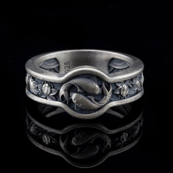 Handcrafted Japanese Lotus Flower Silver Ring, 0.024 lbs, 0,47 x 0,47 Inch, Pisces-inspired Fish Design, Yin Yang Symbol, Memorial Gift, Unique