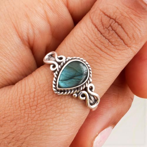 Natura Blue Flash Labradorite Gemstone Ring 925 Sterling Silver Handmade Ring For Women Wedding Engagement Gift For Her Tear Drop Solitaire