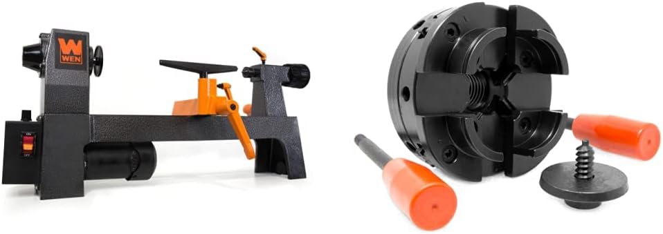 WEN LA3421 – Mini torno de madera de sobremesa de velocidad variable de 3.2 amperios, 8 x 13 pulgadas, negro y WEN LA4444 Juego de mandíbulas