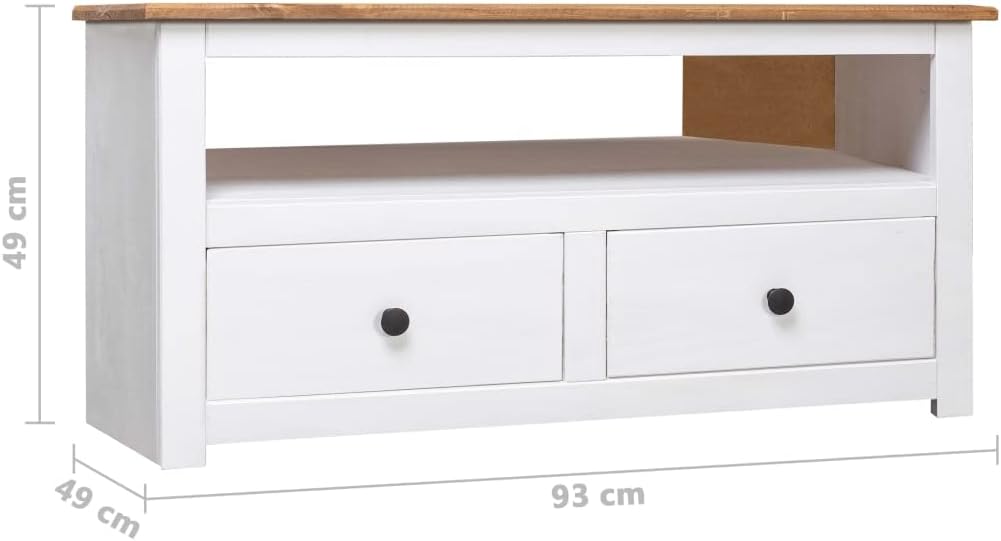 vidaXL Soporte esquinero para TV de madera de pino macizo, estilo escandinavo, color blanco y madera natural, con 2 cajones y compartimento abierto,