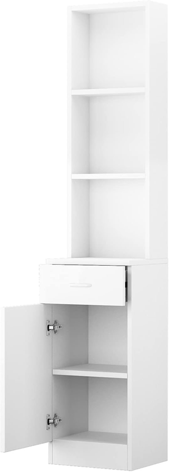 ANTSKU Armario alto de baño, gabinete estrecho de lino delgado con estantes abiertos de 3 niveles y cajón, torre de lino independiente para baño,