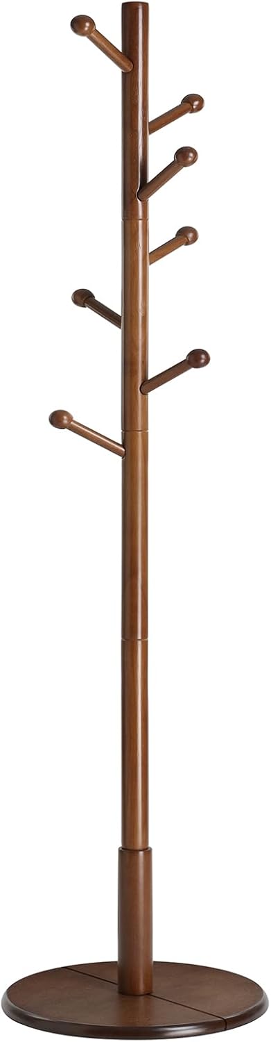 VASAGLE Perchero de madera maciza, árbol de pasillo de madera, perchero con 7 ganchos redondeados, base redonda estable, 3 opciones de altura, para