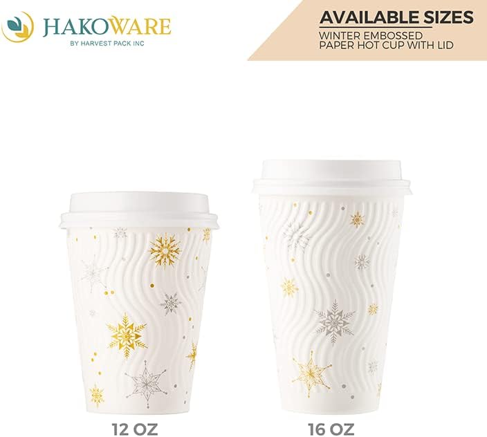 Paquete de 100 tazas de café de Navidad de 16 onzas, vasos de papel desechables de invierno con copos de nieve blancos, vasos de papel de pared con
