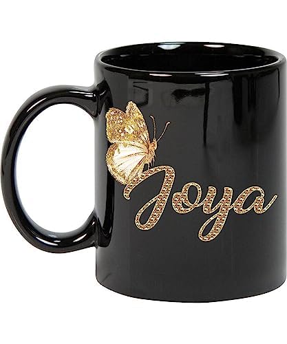 Coffee Mug Personalized Joya Name Customized Mug with Name Gold Butterfly Text Mug Gift for Women, Her, Girl 11oz Black Mug 894480 257808