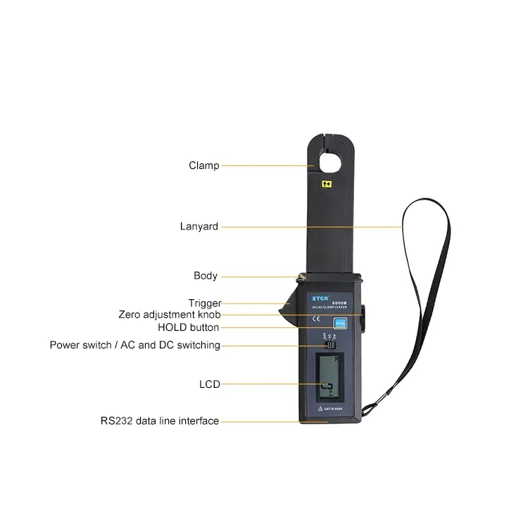 Medidor de fugas de abrazadera digital ETCR6000B ACDC Medidor de corriente de fuga de abrazadera digital 0mA-60.0A, 600V Resolución 1mA ACDC