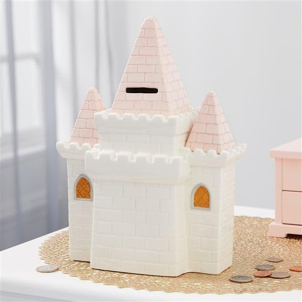 Personalization Universe Banco de cerámica rosa castillo de princesa, alcancía personalizable para niños, niñas, caja de ahorro de dinero grande,