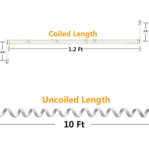 Uvital Desenredador de cable para teléfono celular, 1 paquete de cable de teléfono fijo de 10 pies sin enrollar (1.2 pies en espiral) y 1 paquete de