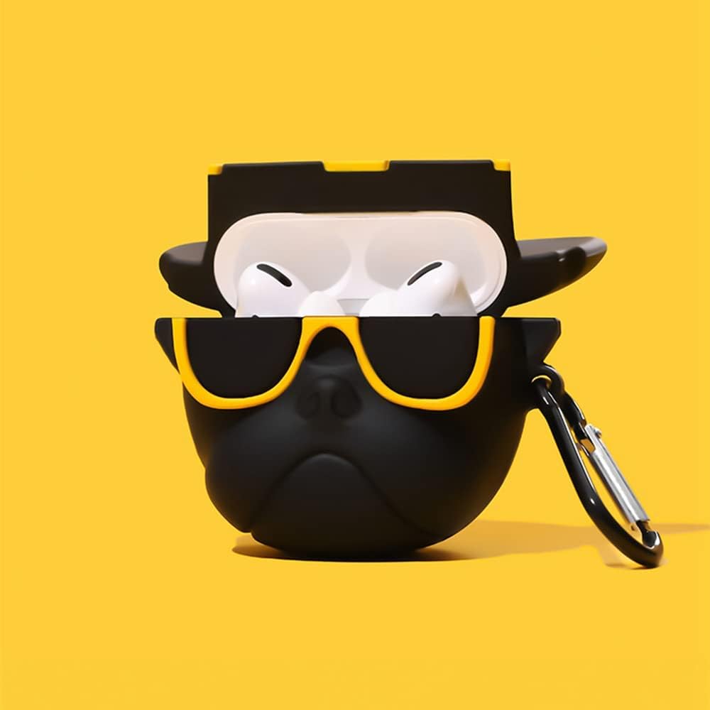 Compatible con Airpods 12, silicona 3D lindo bulldog con gafas amarillas divertido personaje de dibujos animados Airpod Cover Kawaii divertido