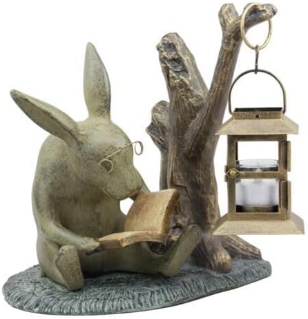 Ebros Gift Verdi – Libro de lectura de conejo caprichoso de aluminio verde de medianoche, estatua de linterna de vela de 10 pulgadas de alto,