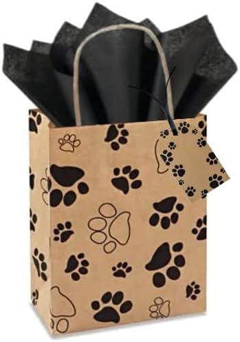 Chalkallaboutit Juego de 5 bolsas de regalo con estampado de huellas de pata con papel de seda (5) (Kraft con negro)