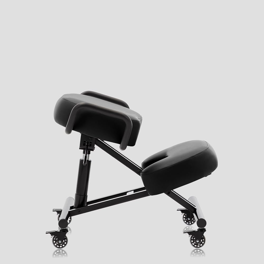 Silla ergonómica 512 AKONI, taburete ajustable para el hogar y la oficina, mejora tu postura, cojines gruesos y cómodos, ruedas de bloqueo (negro,