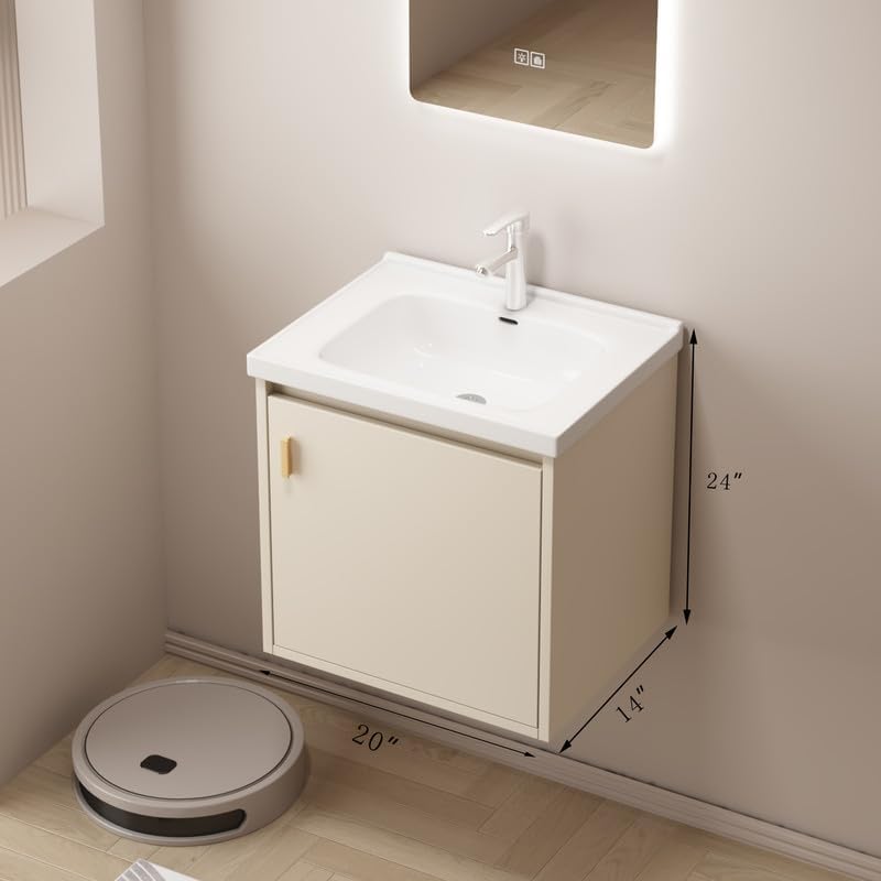 Tocador de baño pequeño de 20 pulgadas montado en la pared, pequeño tocador de baño con fregadero de cerámica, tocador de baño moderno con cajones