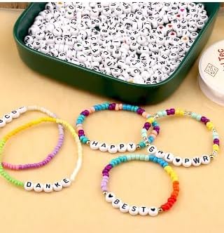 Juego de 1200 cuentas de letras de 6 colores redondos acrílicos del alfabeto, pulseras de la amistad, cuentas del alfabeto surtido con 1 rollo de