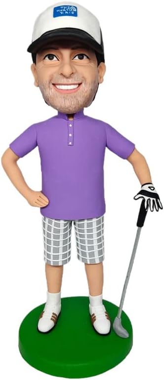 Mydedor – Figuras personalizadas de Bobble Heads, golfista masculino con camiseta de polo morado, muñeca personalizada, hecha a mano, regalo