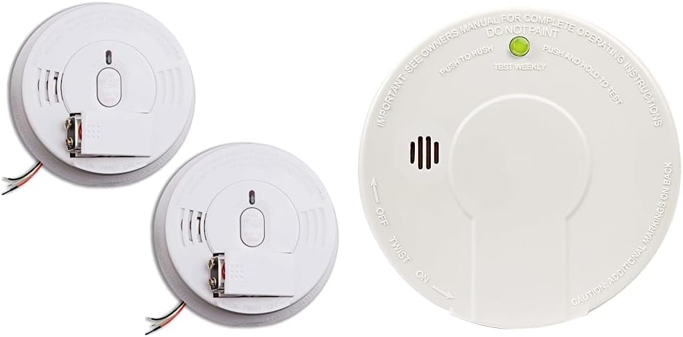 Kidde Detector de humo, alarma de humo cableada, botón de silencio de prueba, (paquete de 2) detector de humo blanco y de humo, alarma de humo a