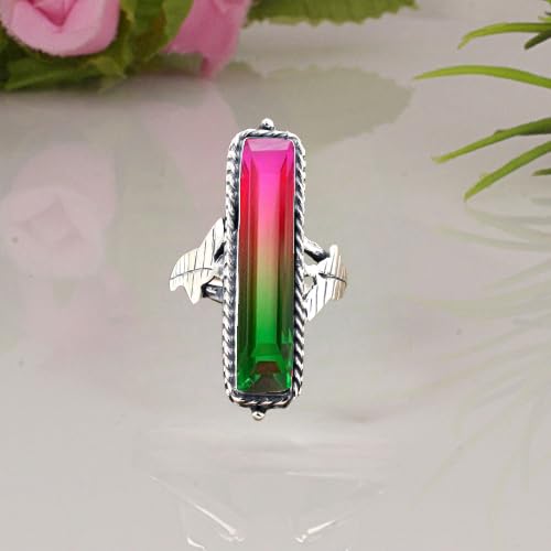 Watermelon Tourmaline Gemstone Ring 925 Sterling Silver Multicolor Stone Ring Handmade Long Rectangle Bar Ring For Women Elegant Tourmaline Jewelry