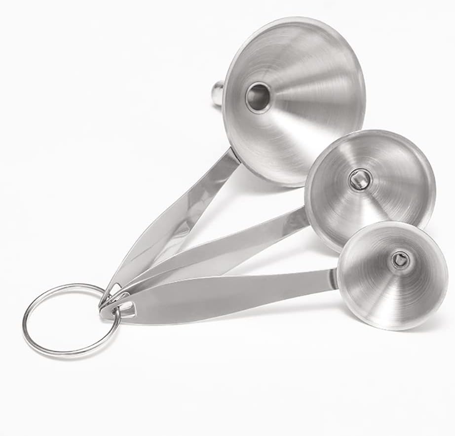 Juego de 3 mini embudos de acero inoxidable, embudos de metal para cocina, embudos sin derrames, con mango largo para transferir líquidos de aceite