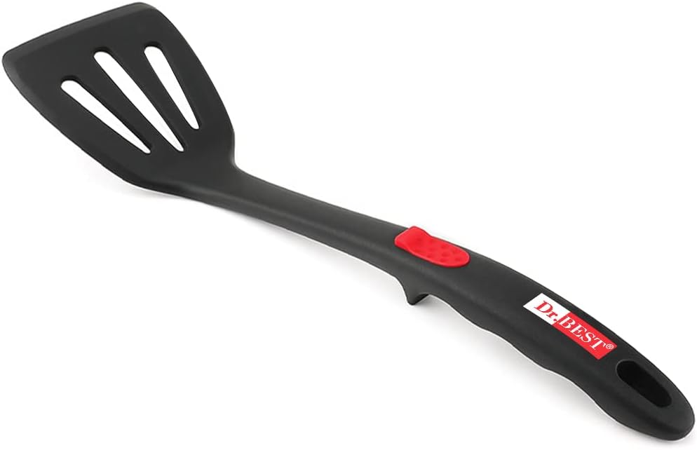 Espátula ranurada de silicona, resistente al calor, antiadherente, mango ergonómico ranurado, agarre suave, punto de contacto, diseño de una sola