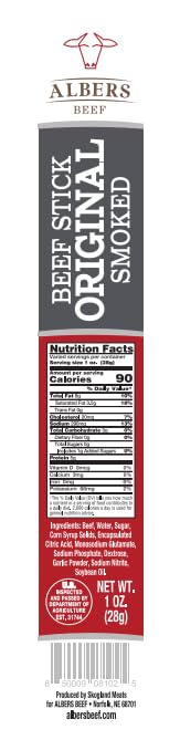 Albers Beef, Snack Stick de 1 oz. Paquete de 20 unidades de sabor original. Bajo en azúcar, proteína 5G. El sabor de la tradición de Nebraska.