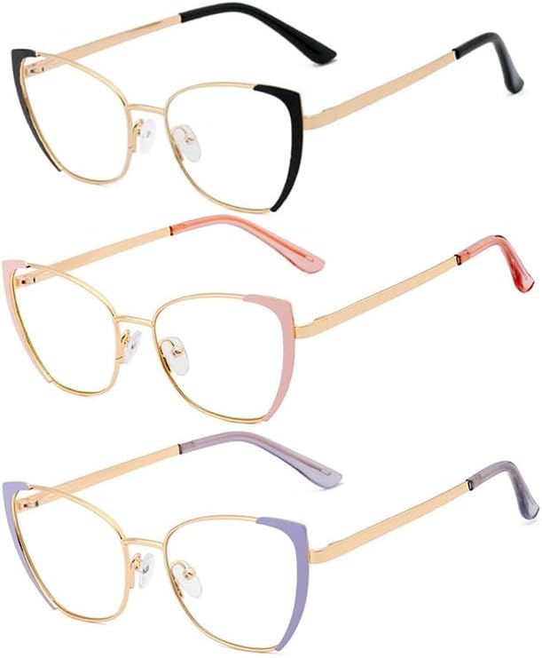 Paquete de 3 gafas de lectura progresivas con montura de metal, ojo de gato, multienfoque, para mujer, con bloqueo de luz azul, con estilo
