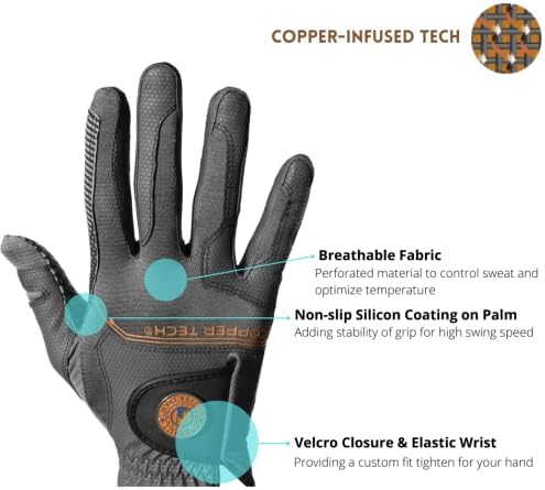 XEIRPRO Copper TECH Mens Synthetic Golf Glove Charcoal GrayCombi Spider Tacky Grip (2 Packs)Breathable Long Lasting Copper Infused Material,