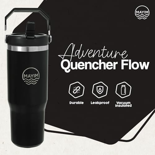 MAYIM Adventure Flow – Vaso de acero inoxidable de 30 onzas a prueba de fugas con tapa y popote, botella de agua aislada o termo con tapa y asa a