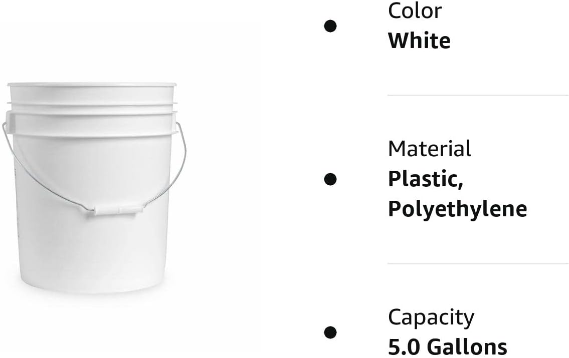 Solo cubo de plástico blanco de 5 galones, cubo duradero de 90 mil, cubos de grado alimenticio, sin tapas incluidas, no contiene plástico BPA,