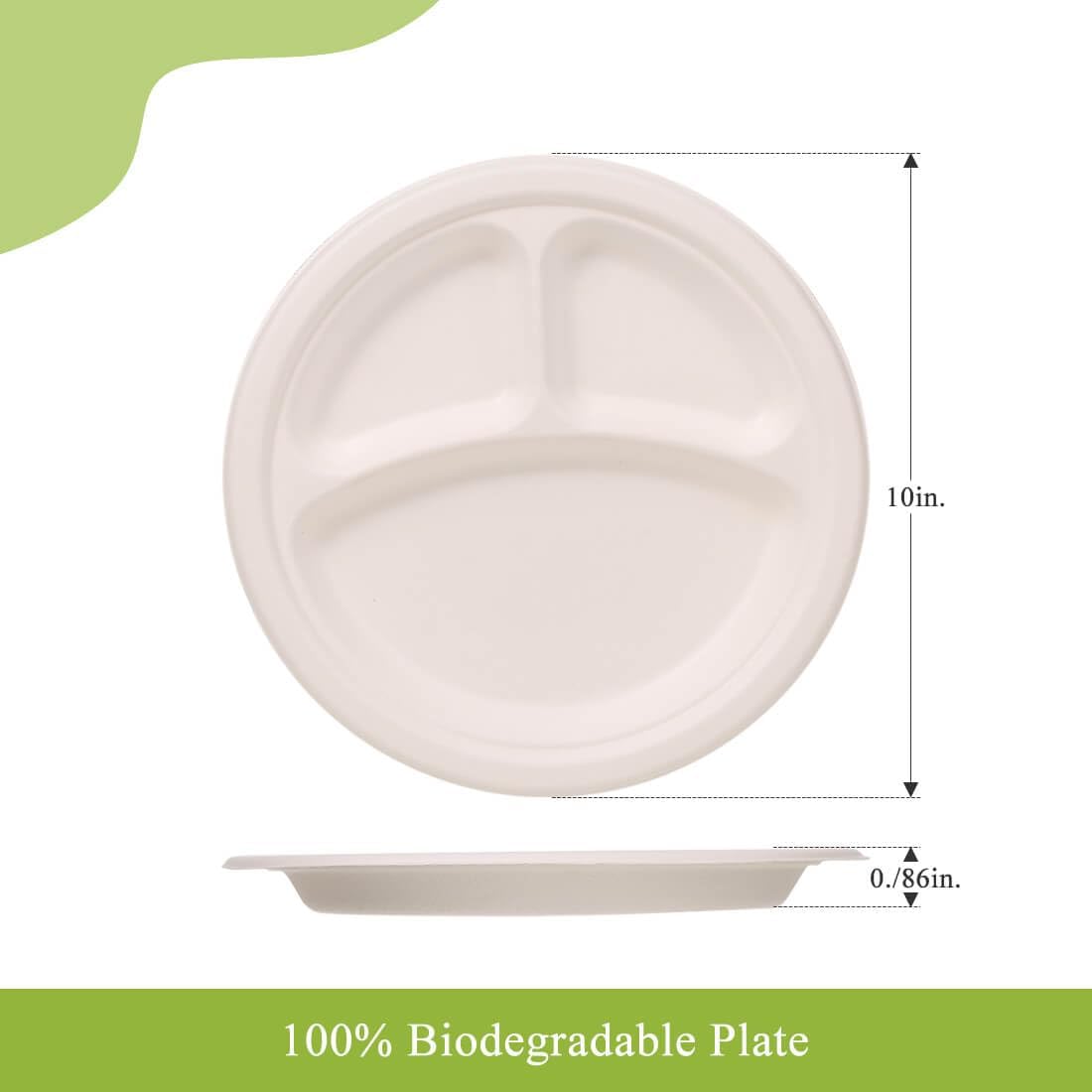 VIOBIO Platos de papel de 10 pulgadas, 3 compartimentos, paquete de 150 platos resistentes, compostables, desechables, para fiestas, respetuosos con