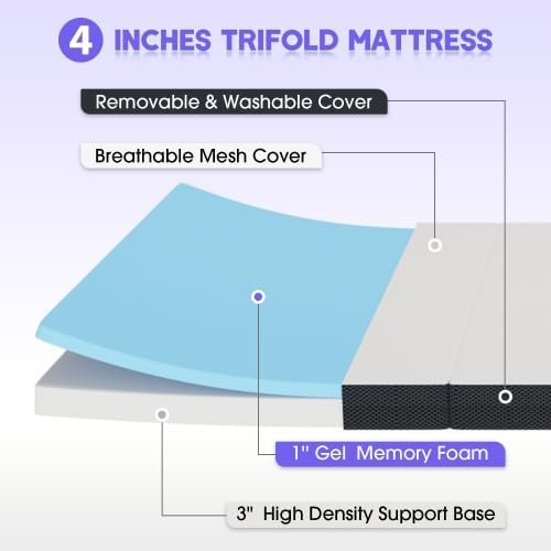 Colchón plegable individual XL de tres pliegues, lujosa cama de espuma viscoelástica de 4 pulgadas, perfecto para dormitorios universitarios y