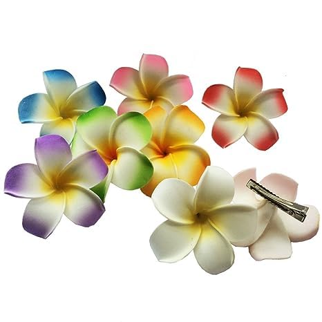2 pinzas para el pelo hawaianas Frangipani Plumeria, cabeza de espuma, 2.8 in, color blanco y rosa