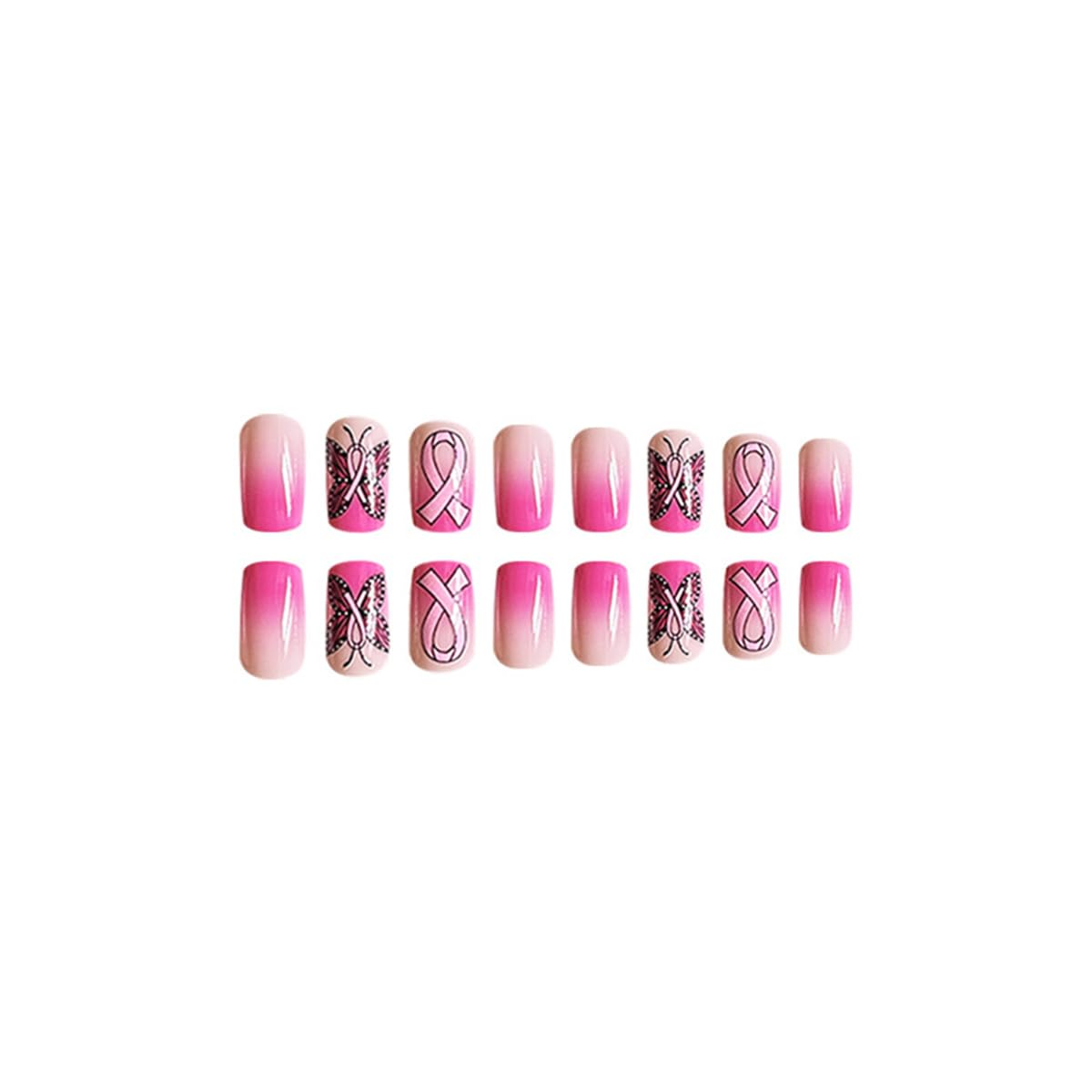 Uñas postizas a presión sobre el cáncer de mama, uñas postizas cortas cuadradas de color rosa brillante, uñas postizas acrílicas de cobertura