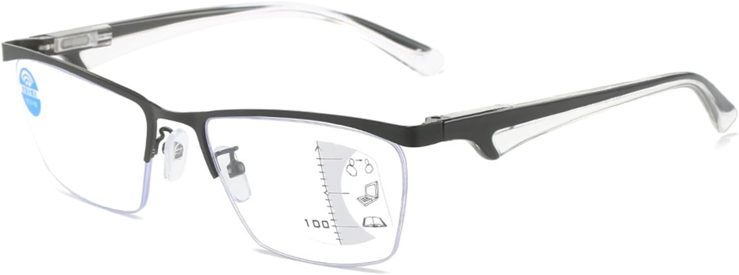 Gafas de lectura multifocales progresivas para hombres y mujeres, lector de medio marco de metal con luz azul con bisagra de resorte
