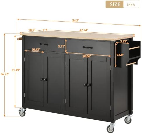 Elefesign – Carrito de isla de cocina con parte superior de madera maciza y ruedas de bloqueo, 54.3 pulgadas de ancho, armario de 4 puertas y dos