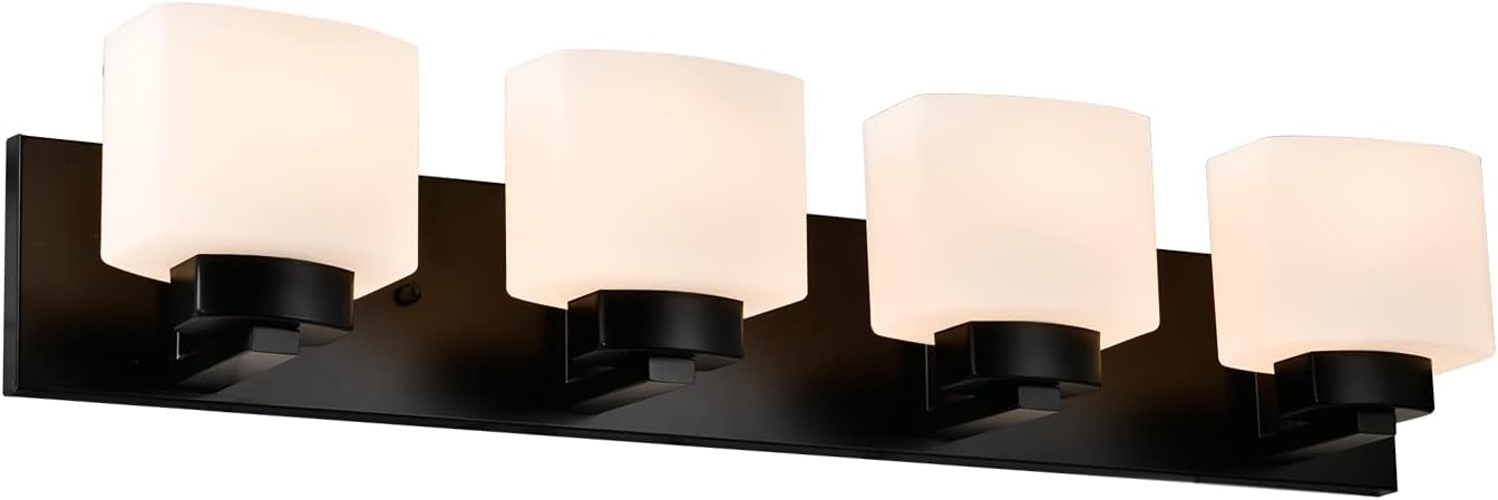 Design House 588426 Dove Creek – Lámpara de tocador regulable con vidrio esmerilado para espejo de baño, negro mate, 4 luces
