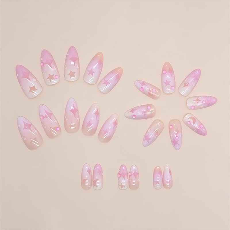 Uñas postizas a presión de almendra, uñas postizas medianas y brillantes, uñas postizas con diseño de estrella, uñas de cobertura completa, uñas