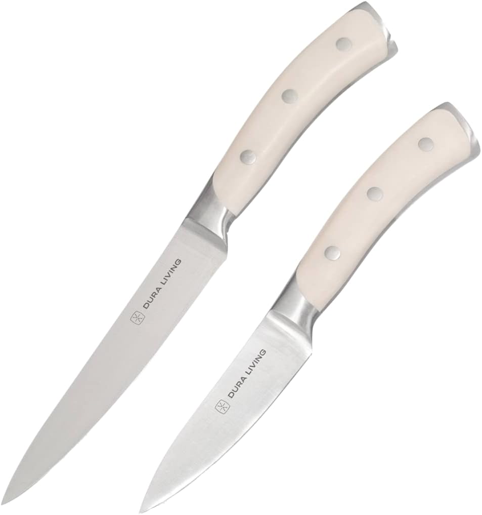 DURA LIVING Juego de cuchillos de cocina profesionales de 2 piezas, acero inoxidable alemán de alto carbono forjado de precisión, utilidad de 5