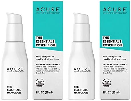 Acure Organics The Essentials – Aceite de rosa mosqueta prensado en frío para cara y cuerpo, suero natural antienvejecimiento y daños ambientales