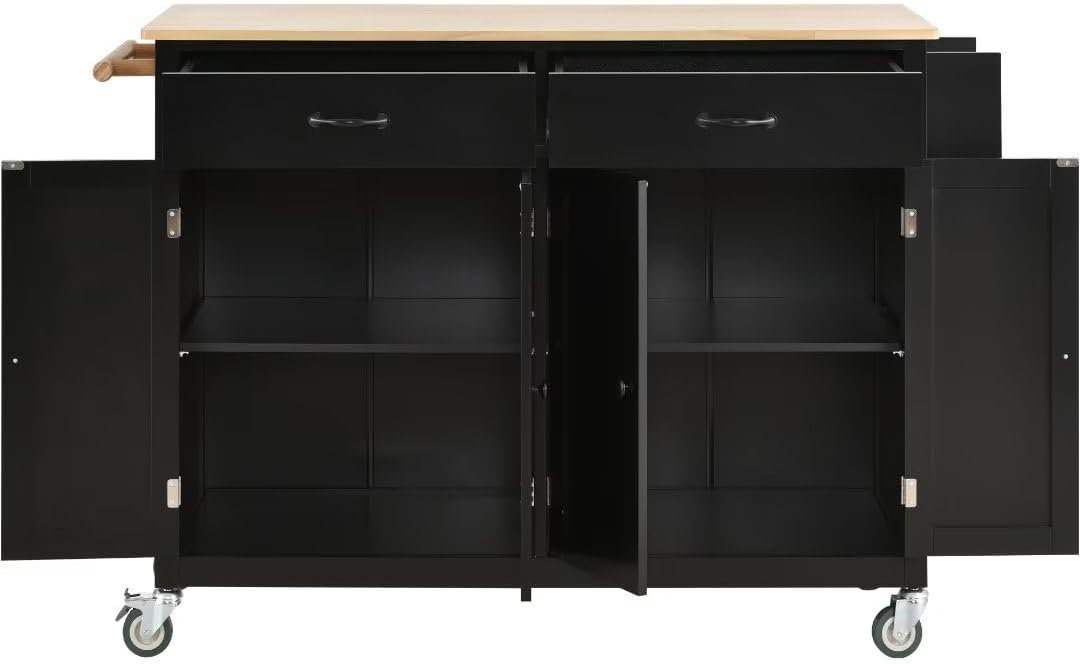 Ayvbir Carrito de isla de cocina rodante de 54.3 pulgadas con ruedas con parte superior de madera maciza y ruedas de bloqueo, armario de 4 puertas y