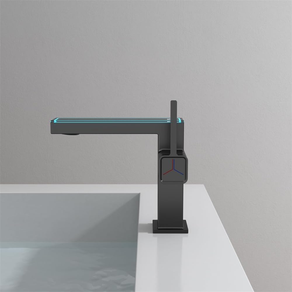 Weirun Grifo de montaje en cubierta cuadrada con un solo agujero para lavabo, para baño, con pantalla digital, temperatura LED, color negro mate