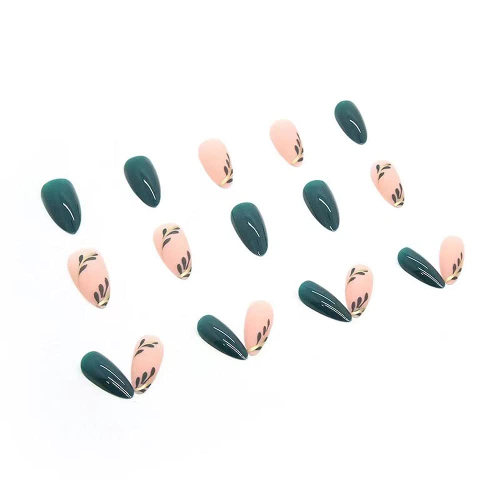 Magrace Uñas postizas medianas con diseño de almendra, uñas postizas francesas con diseños, 24 unidades, uñas adhesivas para mujer