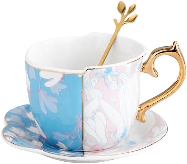 Pfedxoon Taza de té de porcelana de hueso con cuchara, juego de 3 piezas (7 onzas), tazas de capuchino, tazas de café, juego de tazas de té, tazas