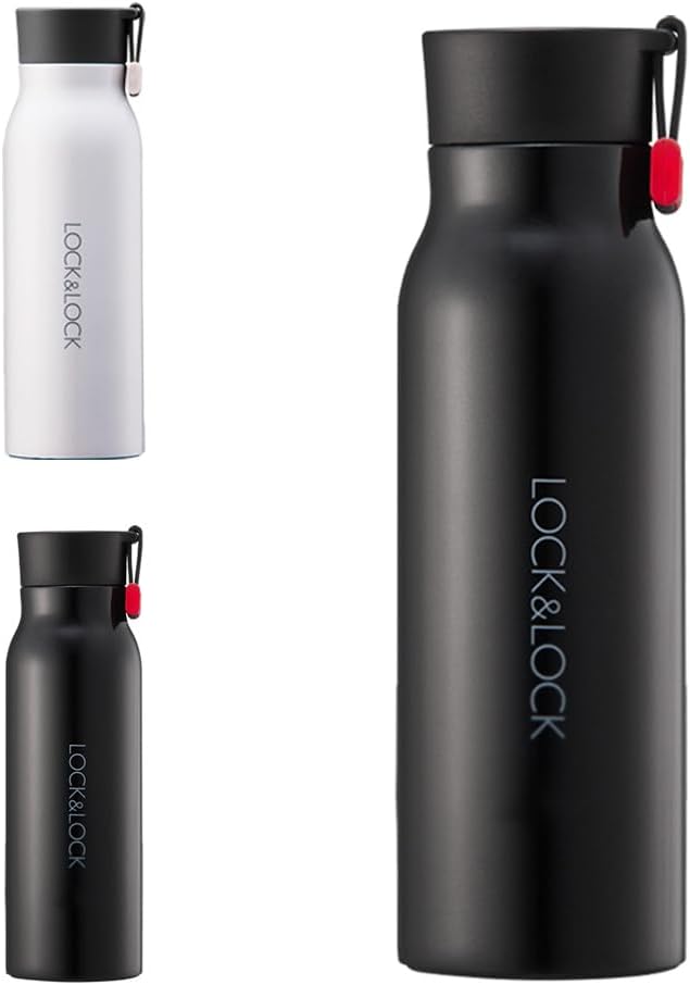 LocknLock – Vaso térmico de acero inoxidable de doble pared aislado al vacío de 12 onzas, sin BPA, con tapa y asa a prueba de fugas, color negro,