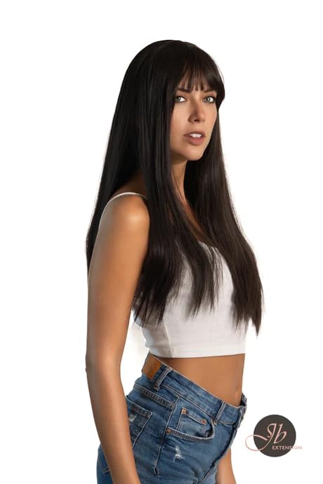 LUNA – Peluca larga y lacia de color negro natural con flequillo completo, para usar y llevar, sin pegamento, pelucas sintéticas naturales para uso