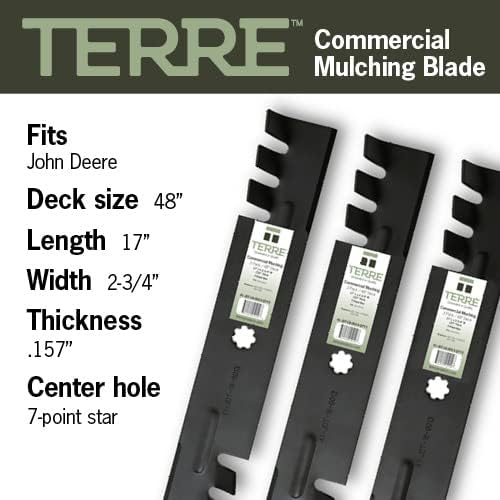 Terre Products, paquete de 3 cuchillas comerciales para cortacésped, cubierta de 48 pulgadas, compatible con John Deere LA130, LA140, LA145, LA155,