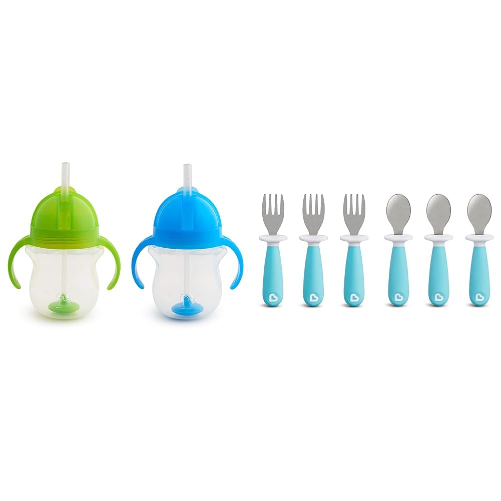 Munchkin Any Angle – Vaso de entrenamiento con popote con peso con tapa Click Lock, 7 onzas, 2 unidades (paquete de 1), azulverde &  Raise juego de