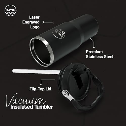 MAYIM Adventure Flow – Vaso de acero inoxidable de 30 onzas a prueba de fugas con tapa y popote, botella de agua aislada o termo con tapa y asa a